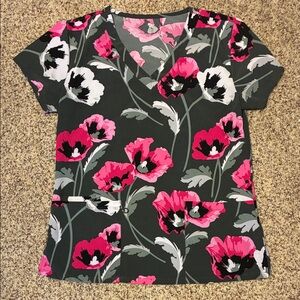 Pink and Gray Floral V-Neck Scrub Top Used Sz medium
